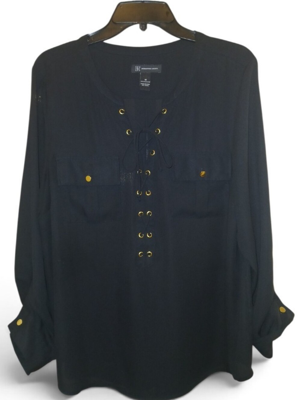 INC International Concepts Black Long-Sleeve Lace-Up Blouse with Gold Accents